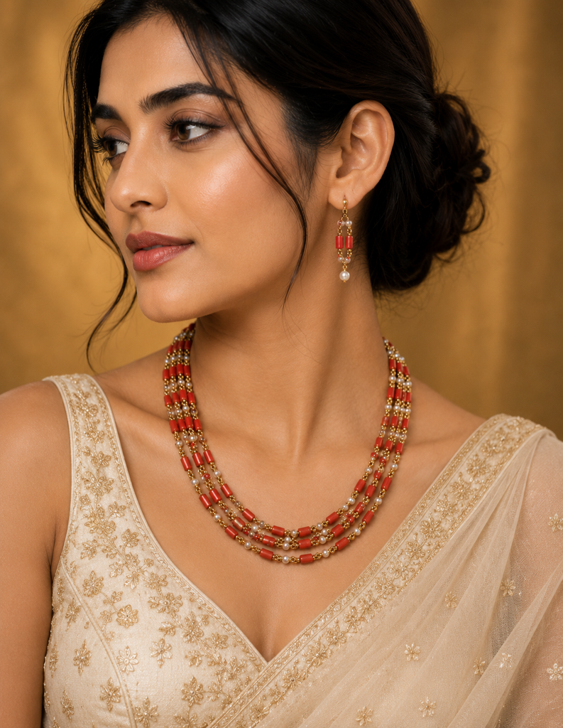 Elegant Handmade Real Coral, Swarovski & Pearl Necklace