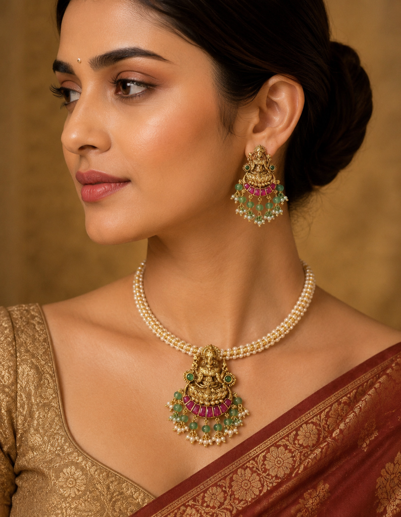 Traditional Jadau Kundan Lakshmi Necklace Set – Handmade