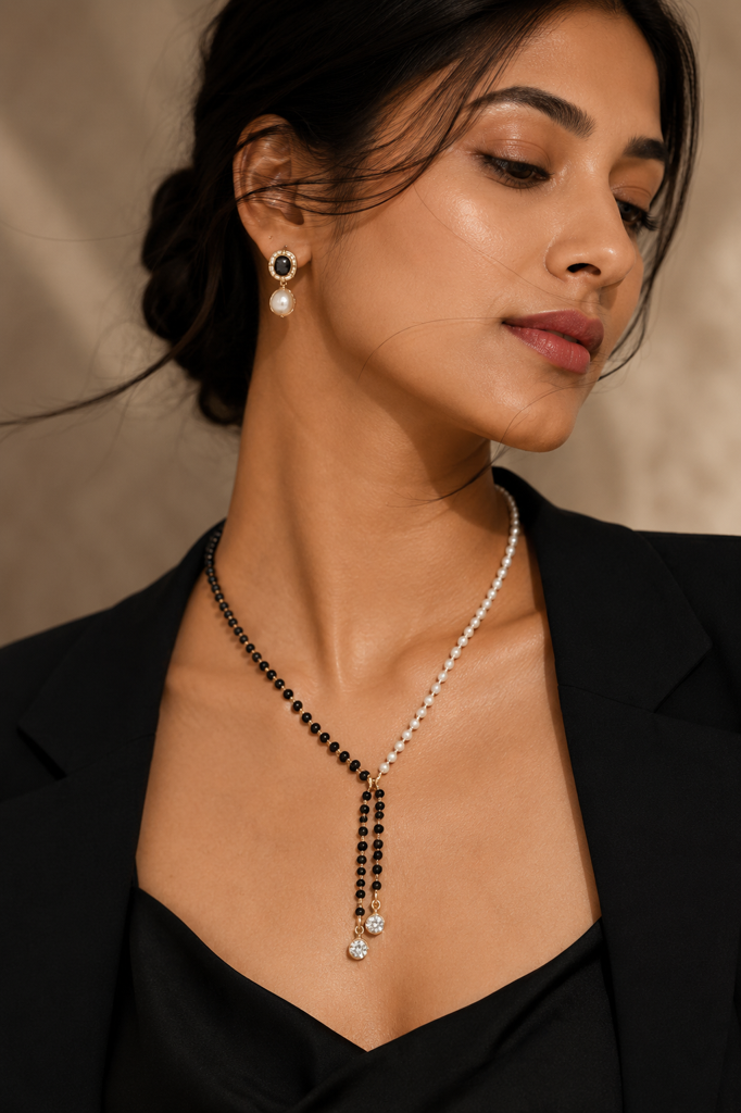 Elegant Pearl & Black Beaded Y-Shape Mangalsutra