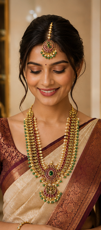 Traditional Temple Jewelry Set with Ruby & Emerald Accents