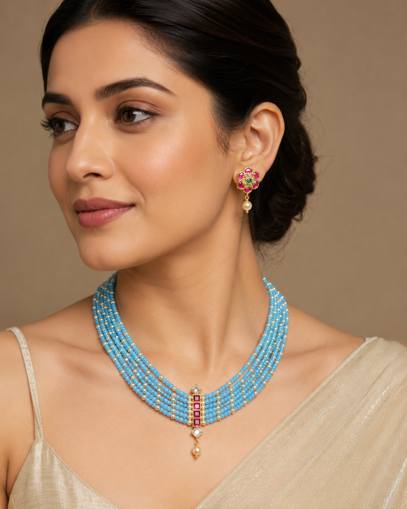 Aqua Blue Beaded Necklace Set with Ruby, Emerald & Pearl Accents