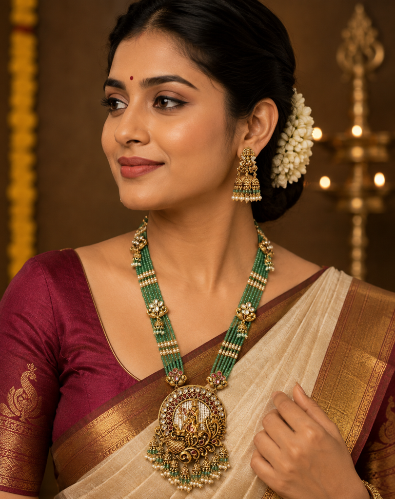 Traditional Green Beaded South Indian Temple Jewellery Set with Kundan Pendant & Jhumkas