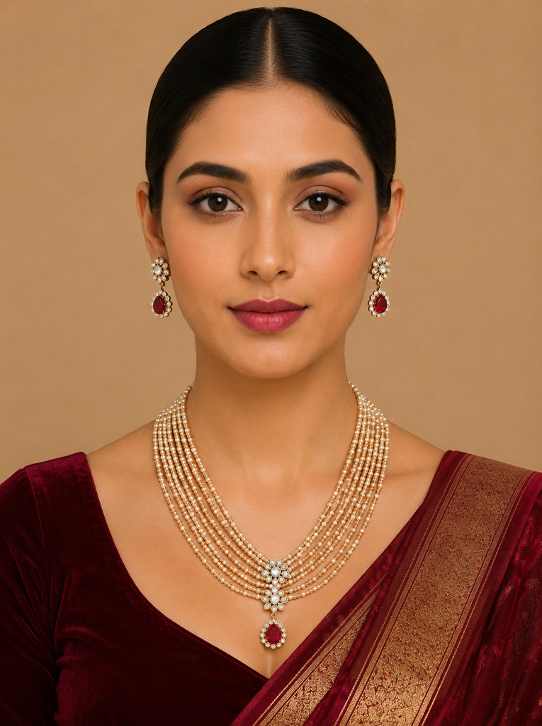 Elegant Multi-Strand Pearl Necklace Set with Ruby & Kundan-Style Floral Pendant
