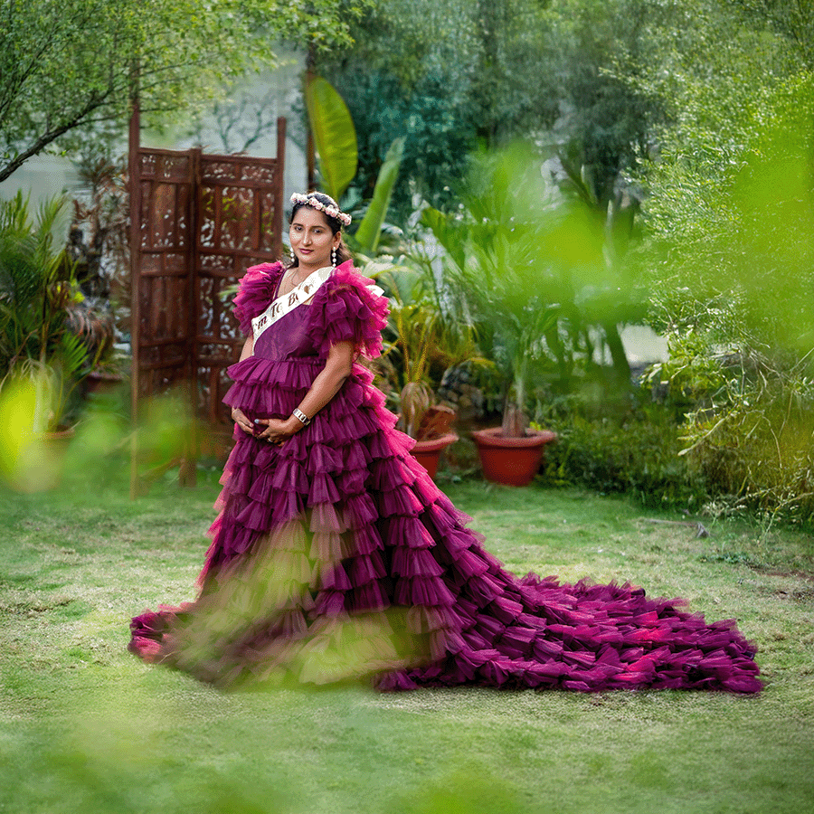 Wine Netted Frills Gown 