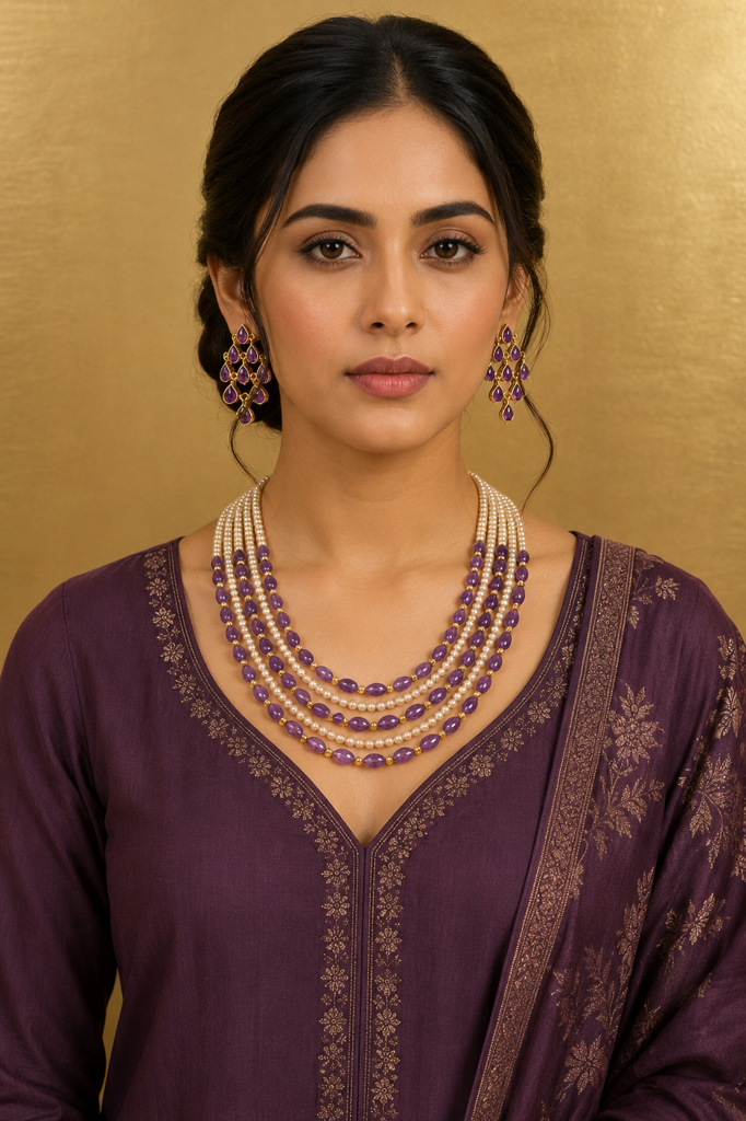 Royal Purple Pearl & Amethyst Layered Necklace Set