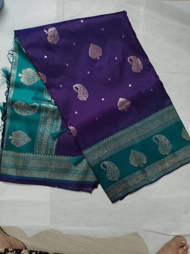 Purple soft silk saree with contrast blouse 