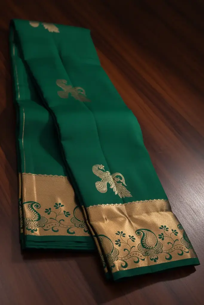 Emerald Green Imitation  Kanjipuram Silk Saree with Peacock Gold Zari Buttas