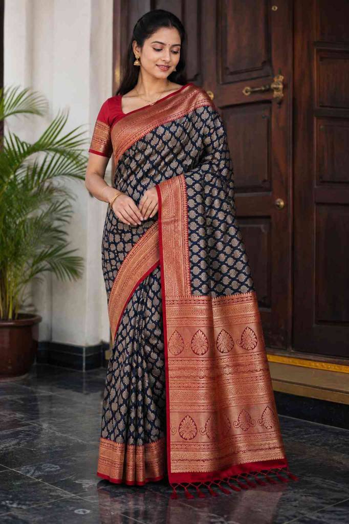 Elegant  black copper banarasi imitation saree