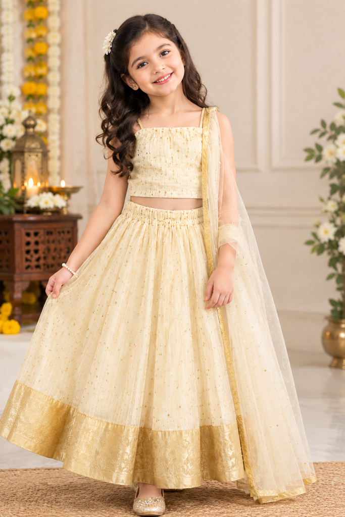     Elegant Cream & Gold Lehenga Set for Girls with attached Dupatta