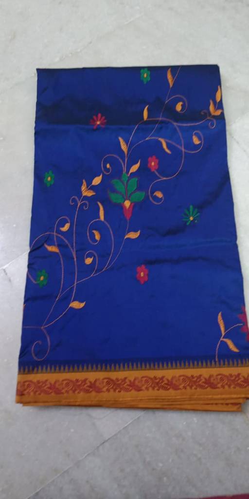 Printed Kanchi Silk Saree – Royal Blue with Floral Print & Zari Border