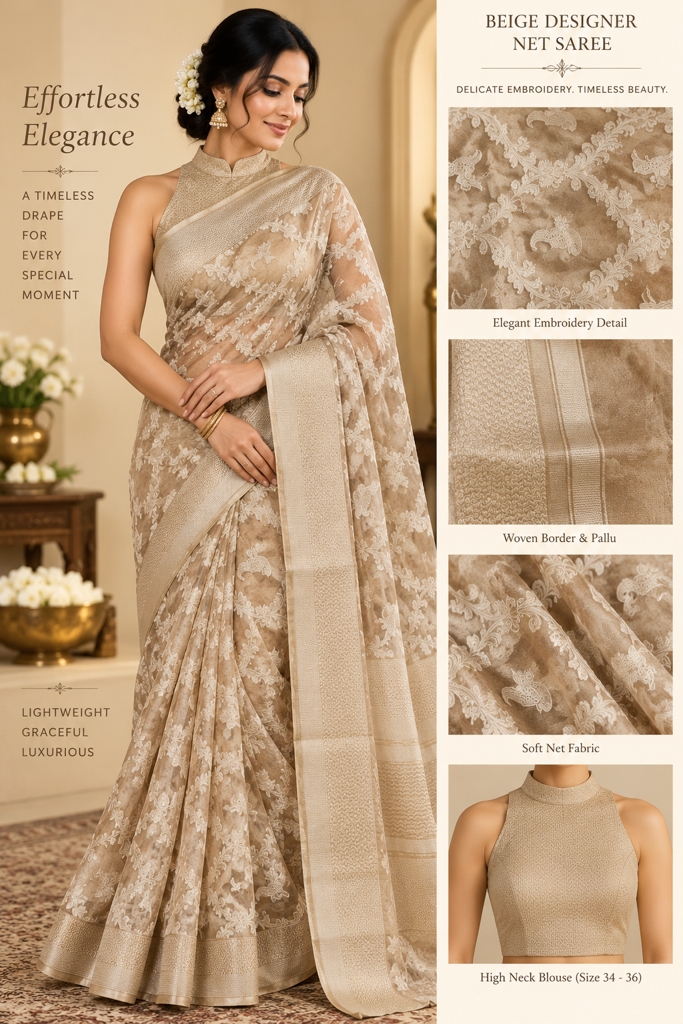 Beige Designer Net Saree with Elegant Floral Embroidery