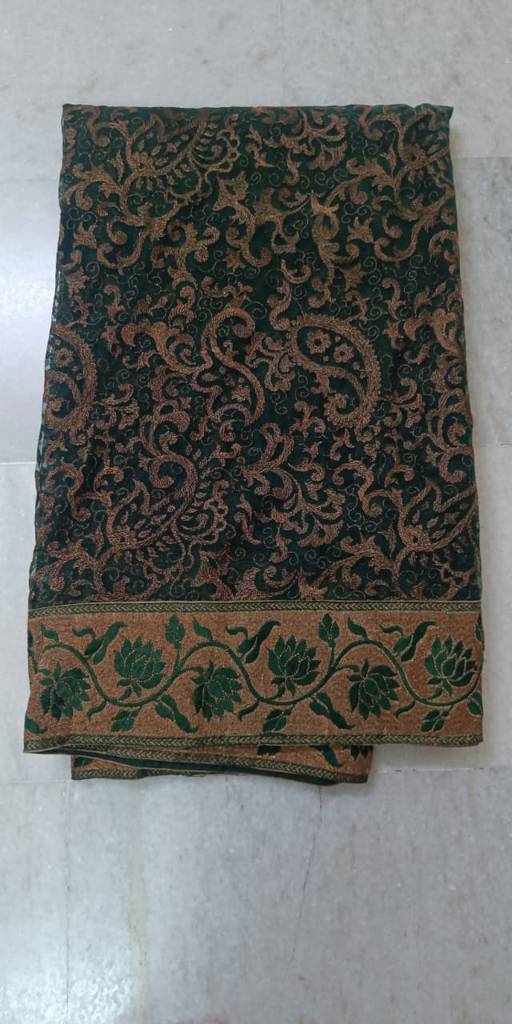 Bottle Green Designer Net Saree with Rich Floral & Paisley Border