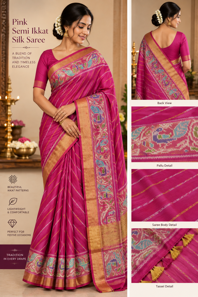 Pink Semi Ikkat Silk Saree with Traditional Woven Border