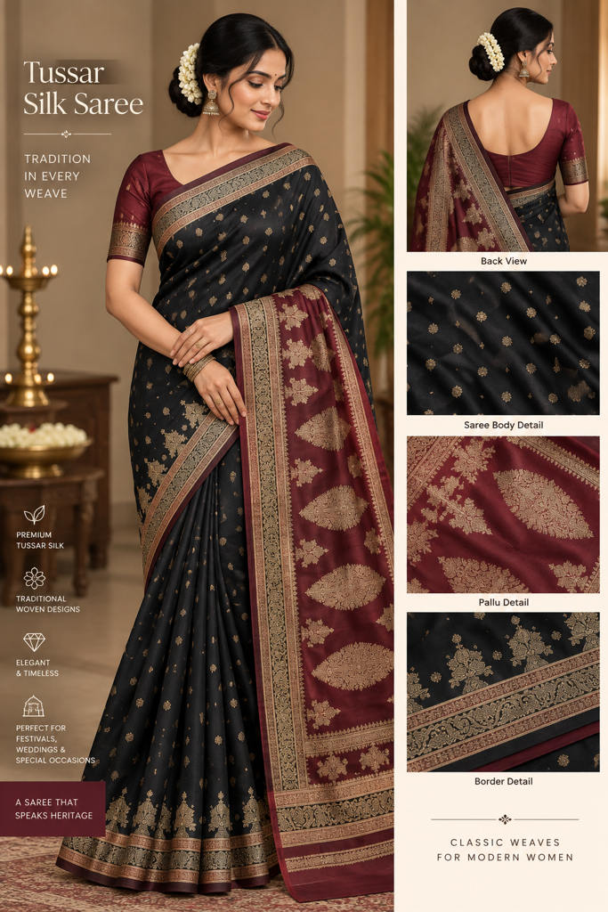 Elegant Black Tussar Silk Saree with Maroon Pallu & Traditional Woven Border