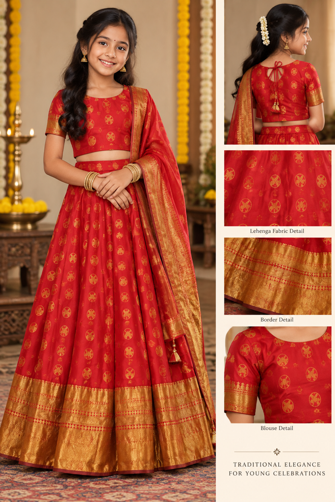 Pure Silk Tomato Red Lehenga Skirt with Rich Golden Zari Border
