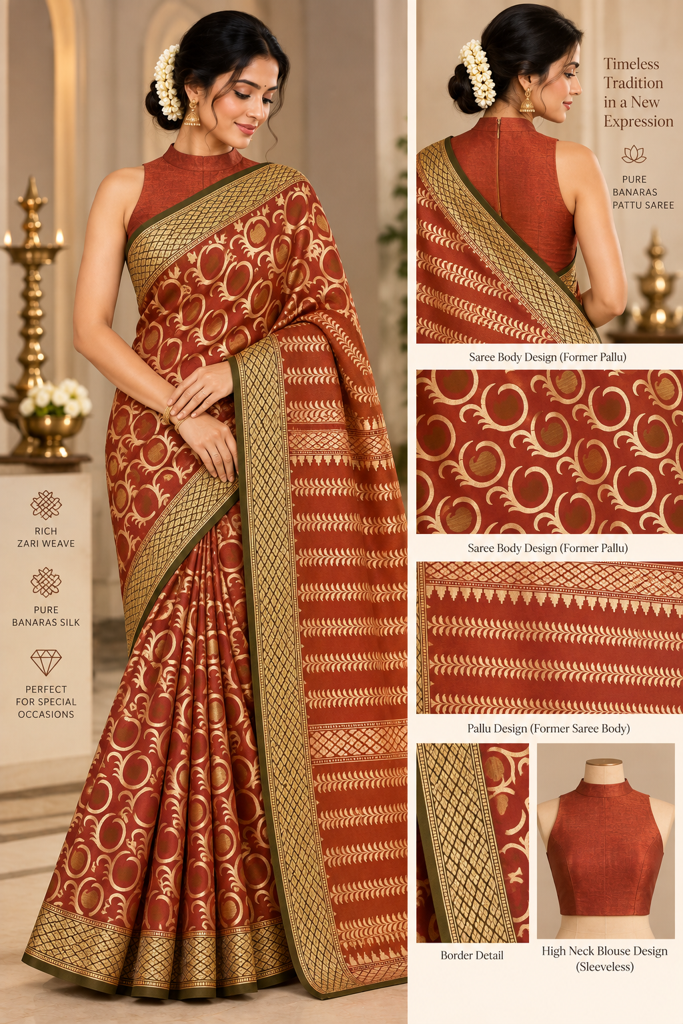 Pure Banaras Pattu Saree in Rust Orange Color and Green border