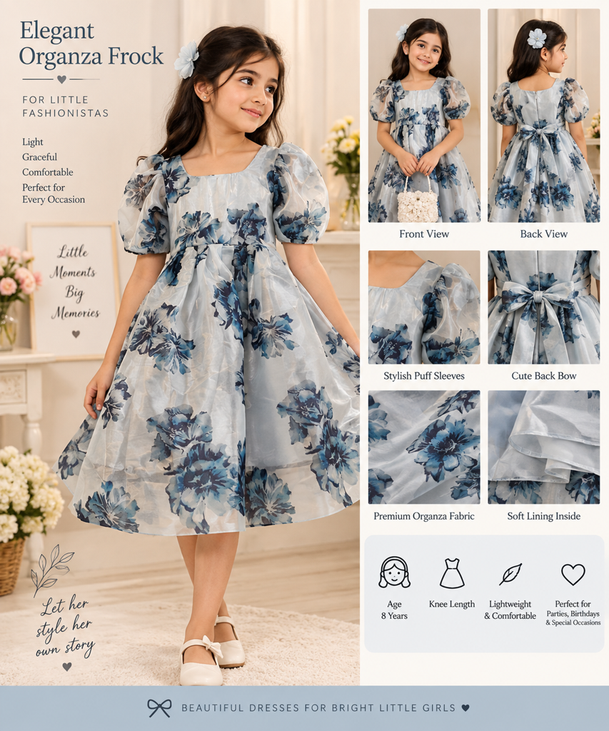  Elegant Grey Color with Blue Floral Organza Frock – Girls Age 8 Years