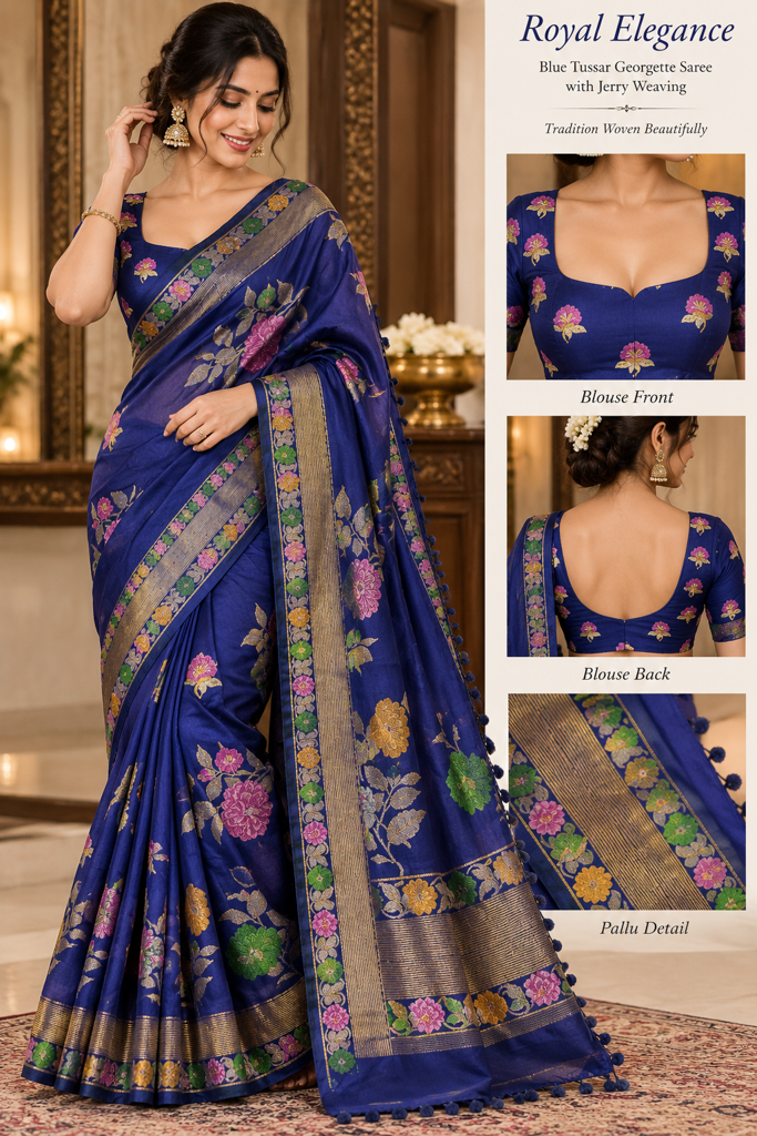 Blue Tusser Georgette Saree