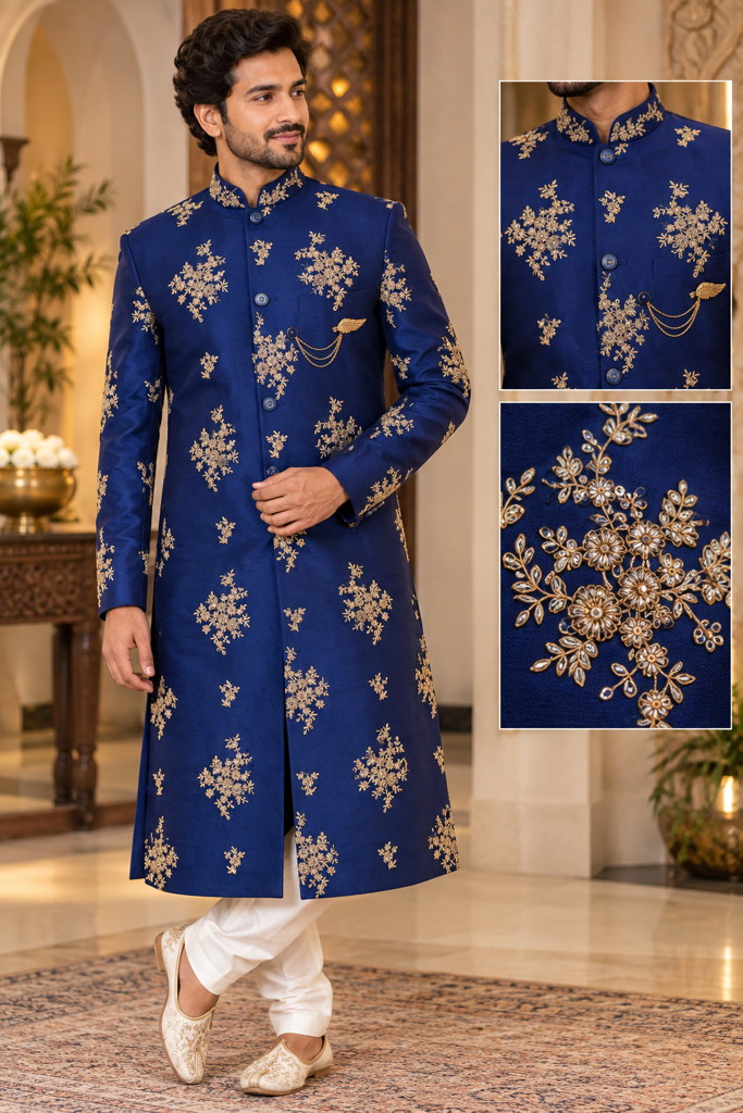 Navy Blue Sherwani with Zardosi Work