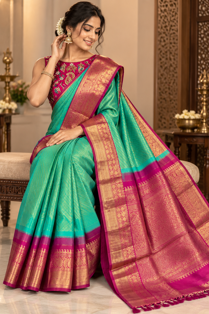 Light blue kanchi saree with pink border