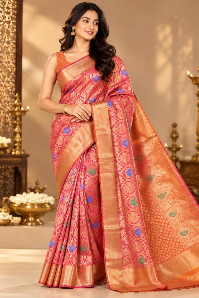 Rich Pink  With Copper Gold Kanchi Pattu Saree