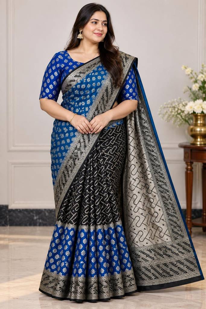 Royal Blue and Black Colour Banarasi Fancy Saree
