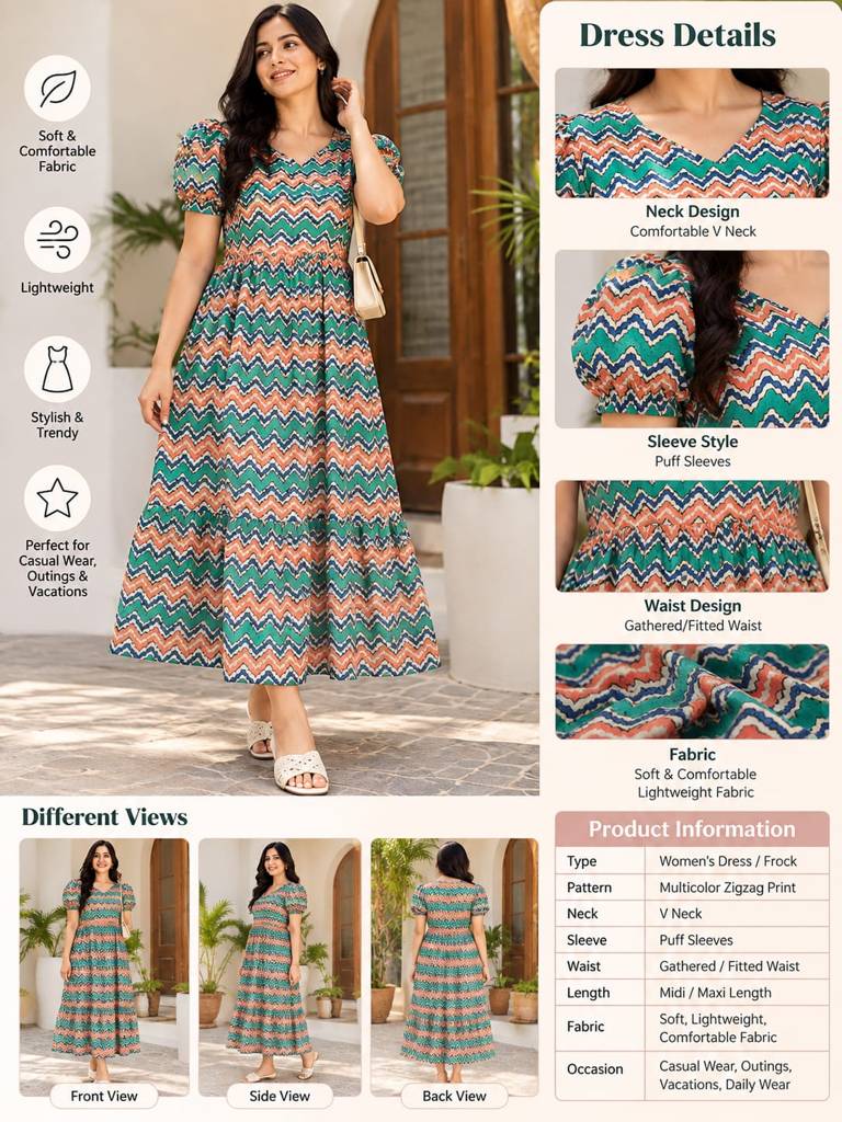 Multicolour Zigzag Printed Maxi Dress/ Frock - Women's 2XL