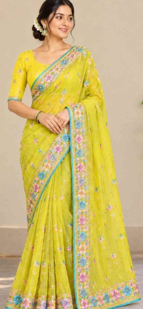 Lemon Yellow Georgette Saree