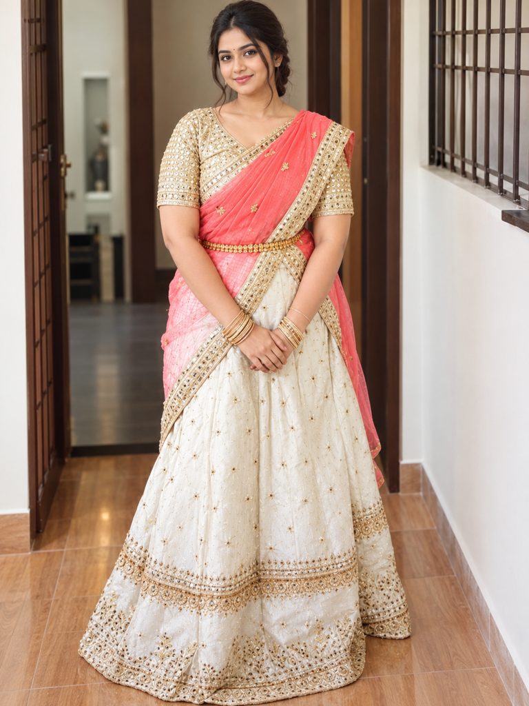 Beige Color with Pink Dupatta Traditional lehenga