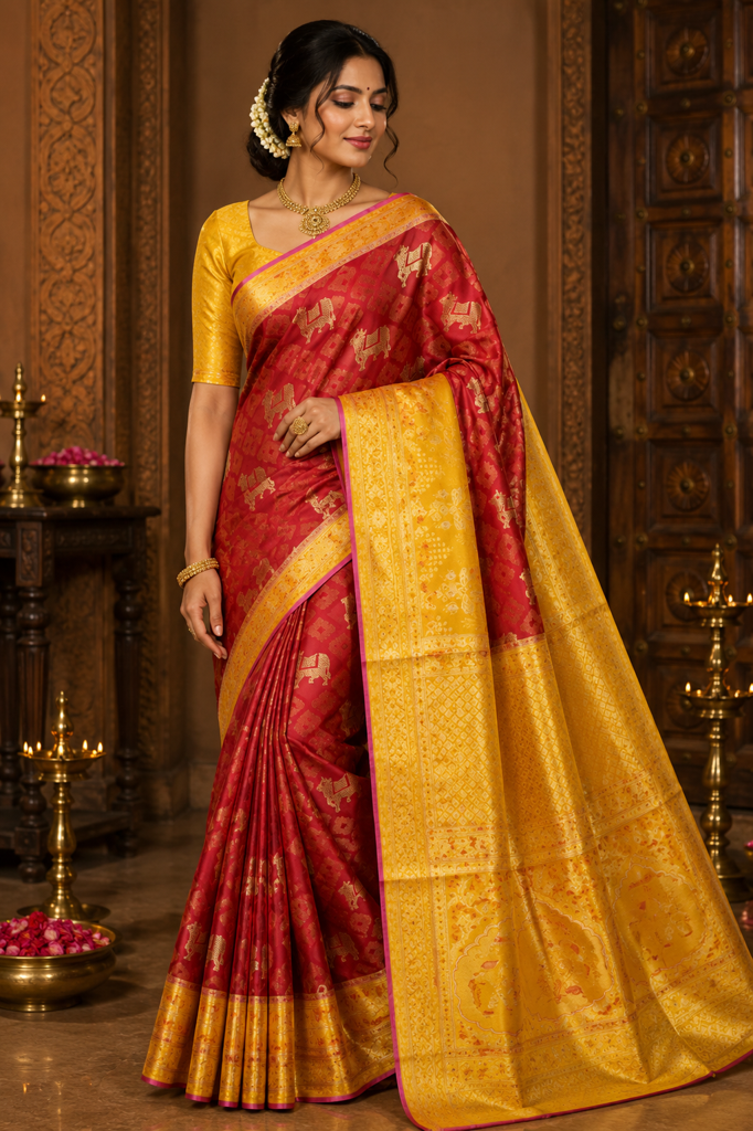Red Pink Kanchipuram Silk Saree with Yellow Elephant Border | Handloom Bridal Saree 