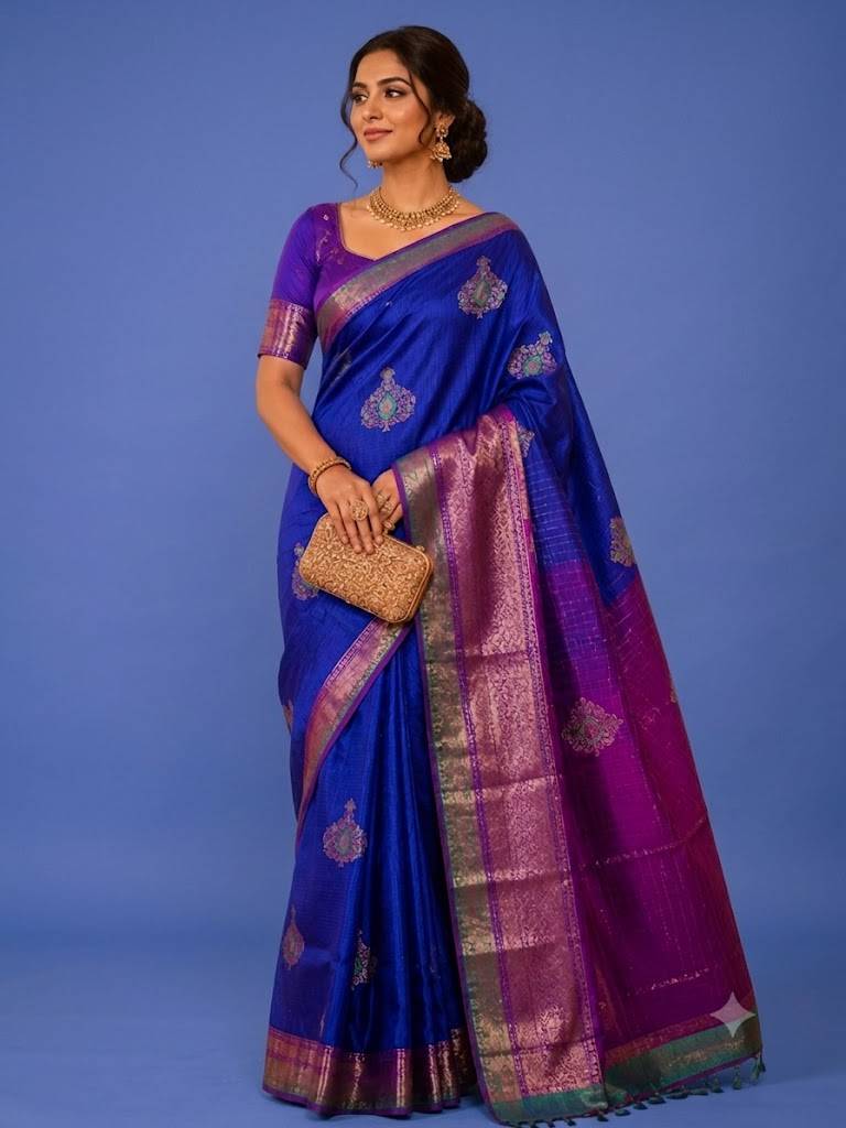 Royal Blue Tussar Banaras Silk Saree