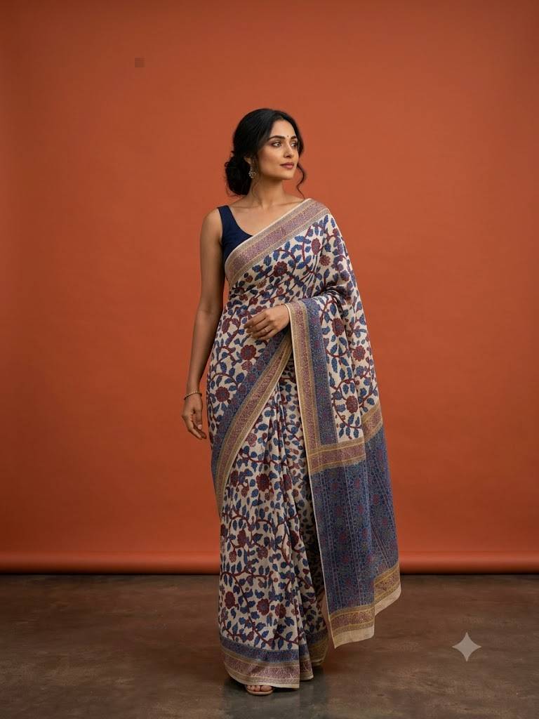 Exquisite Beige Hand-Painted Banarasi Silk Saree