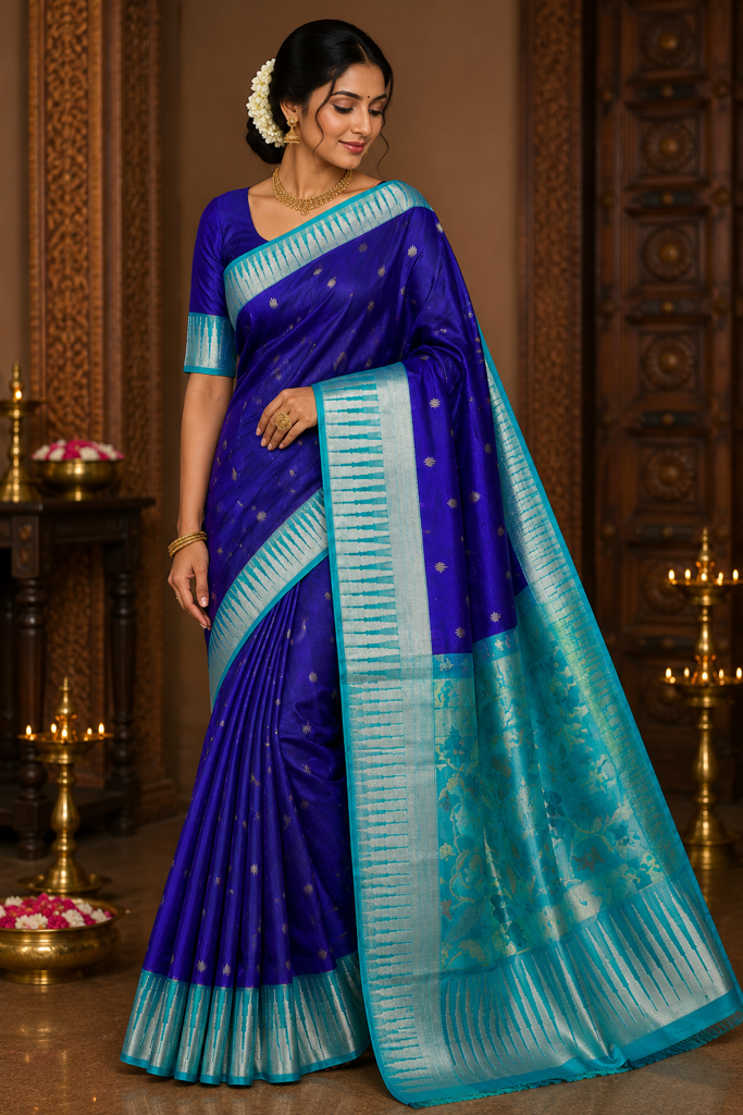 Royal Blue Pure Venkatagiri Pattu Saree with Jamdhani Pallu Design