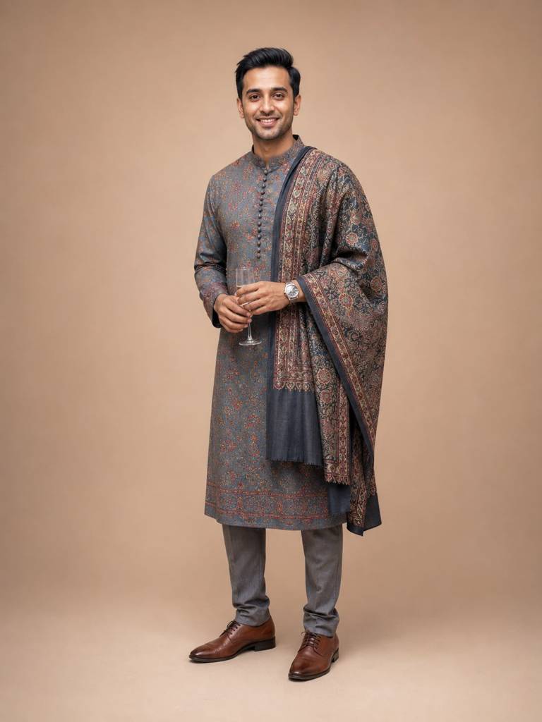 Men's Slate Blue Woven Jacquard Kurta – Elegant Festive & Wedding Wear (Pants Not Included)