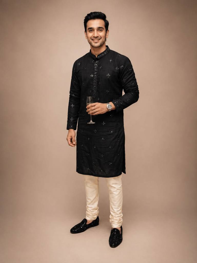 Men's Jet Black Embroidered Kurta – Premium Festive & Wedding Wear
