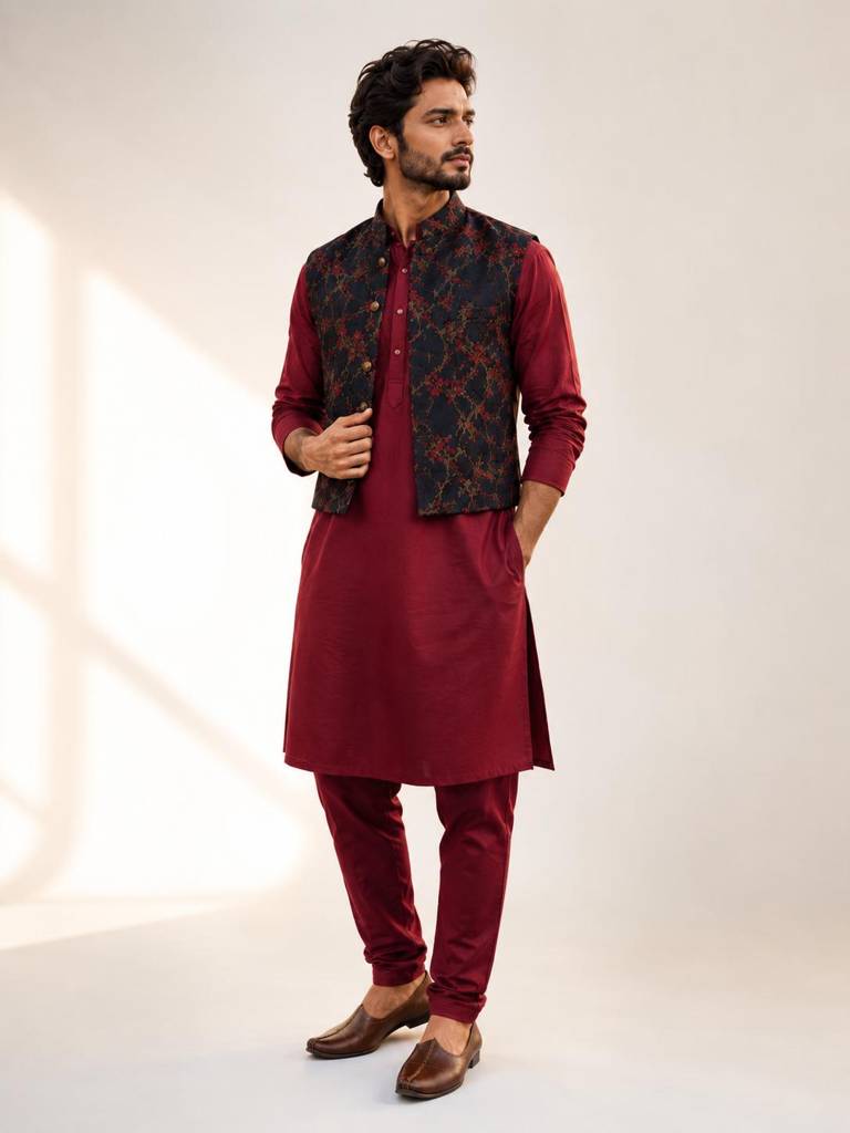 Men's Maroon Kurta with Floral Nehru Jacket