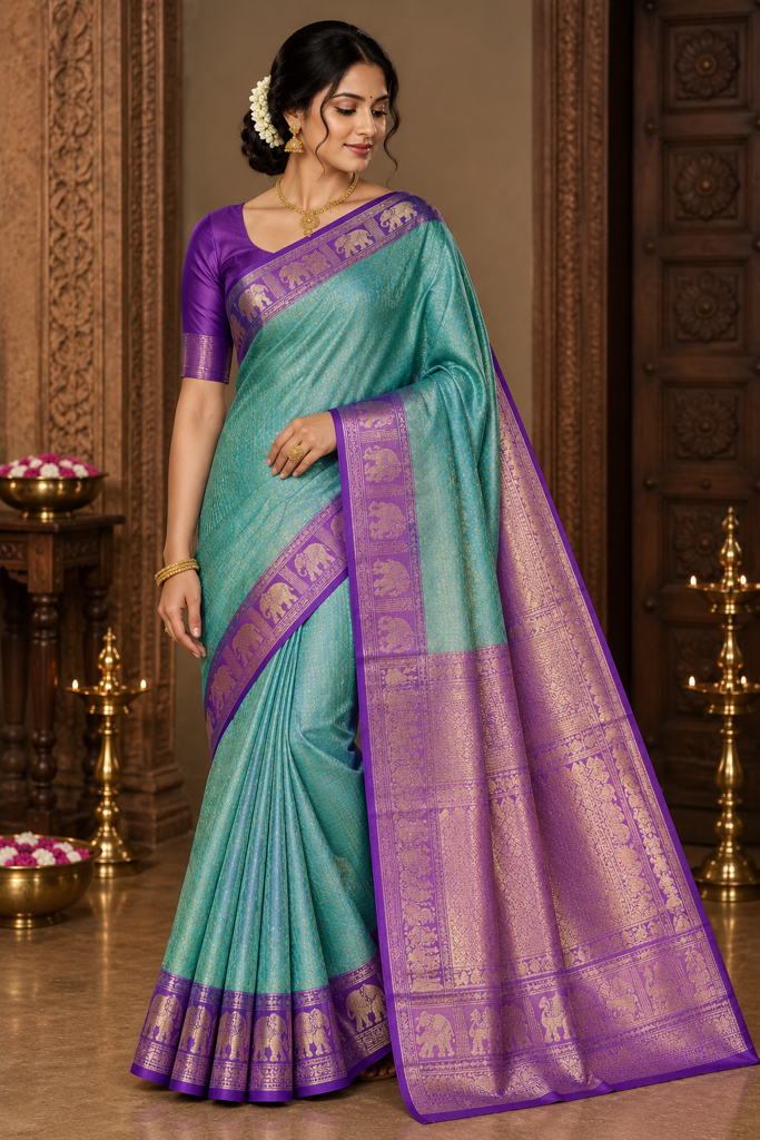 Mint Green Kanchipuram Silk Saree with Purple Elephant Border | Handloom Bridal Saree 