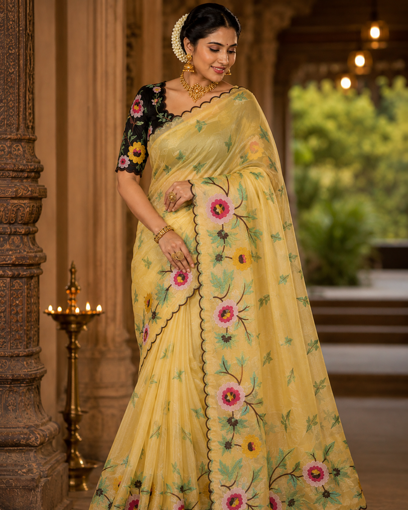 Yellow organza saree with contrast blouse 