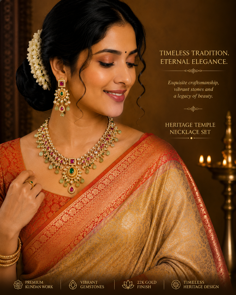 Rupy Pearl Premium Temple-Inspired Kundan Necklace Set with Ruby & Emerald Stones