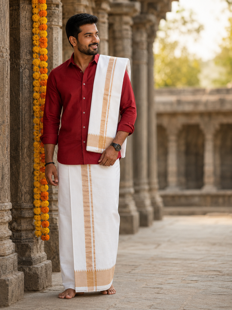 Premium Mangalagiri Pure Pattu Panche for Men | Traditional Wedding & Festive Wear