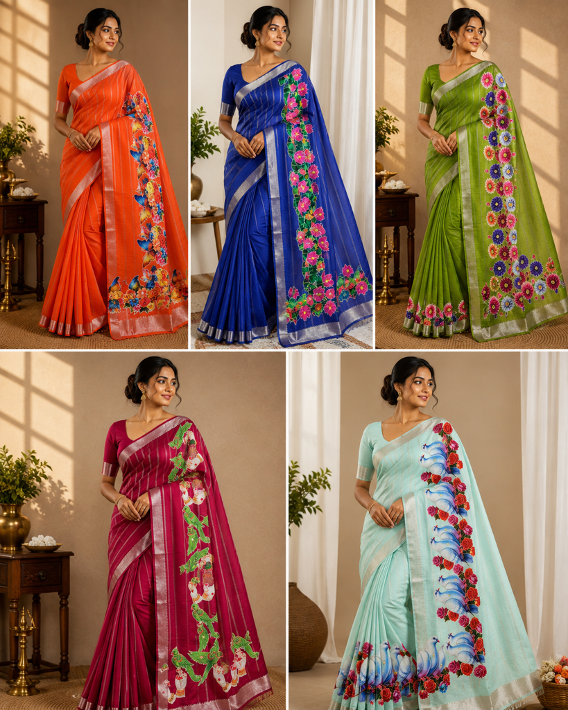 Pure Mangalagiri Pattu SAREES MIDHA  Applique Work Saree | Premium Bird & Rose Design | Running Applique Work Blouse