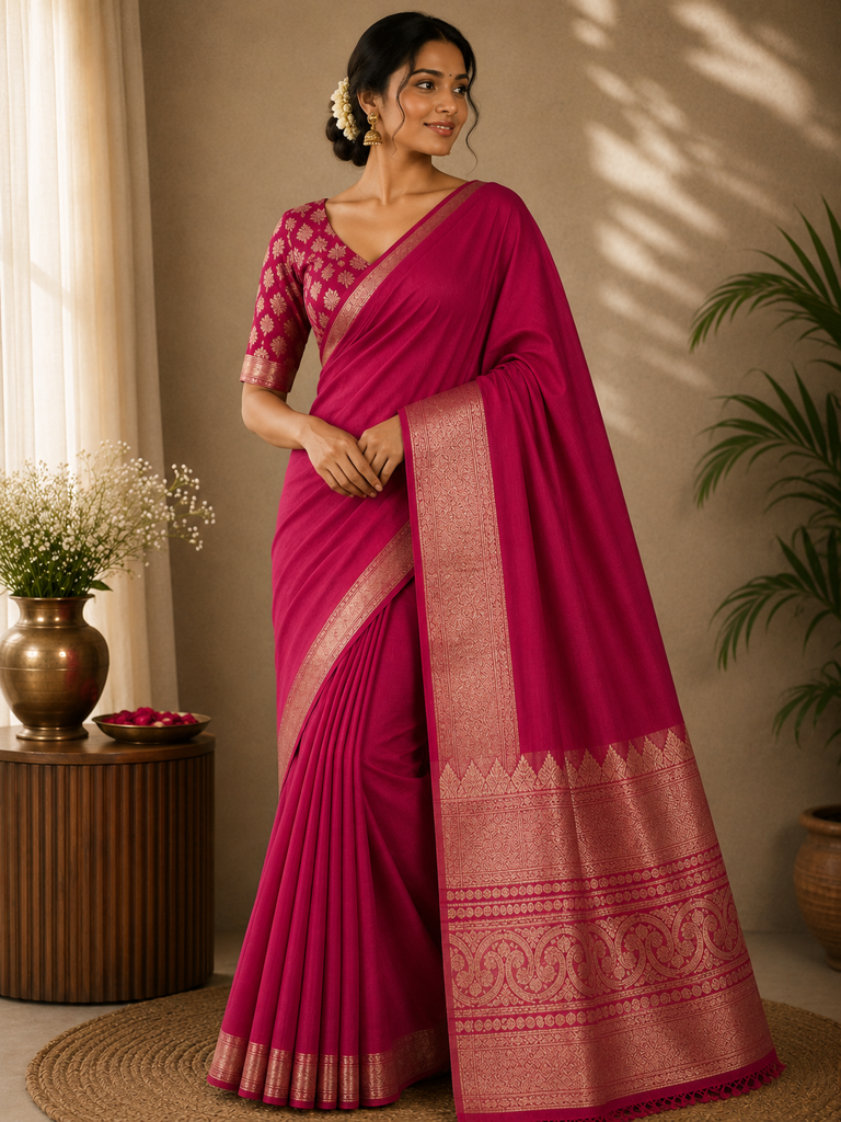 Power Loom Plain Saree | Royal Blue with Gold Temple Border