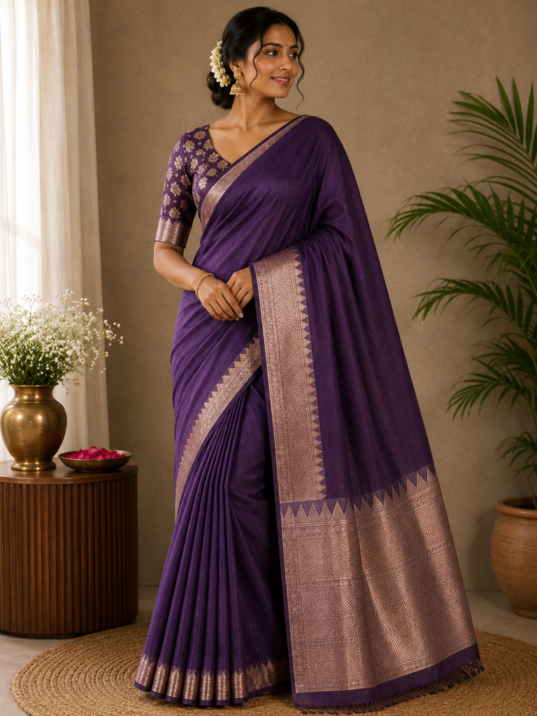 Powerloom Plain Blue Saree with Silver Zari Border