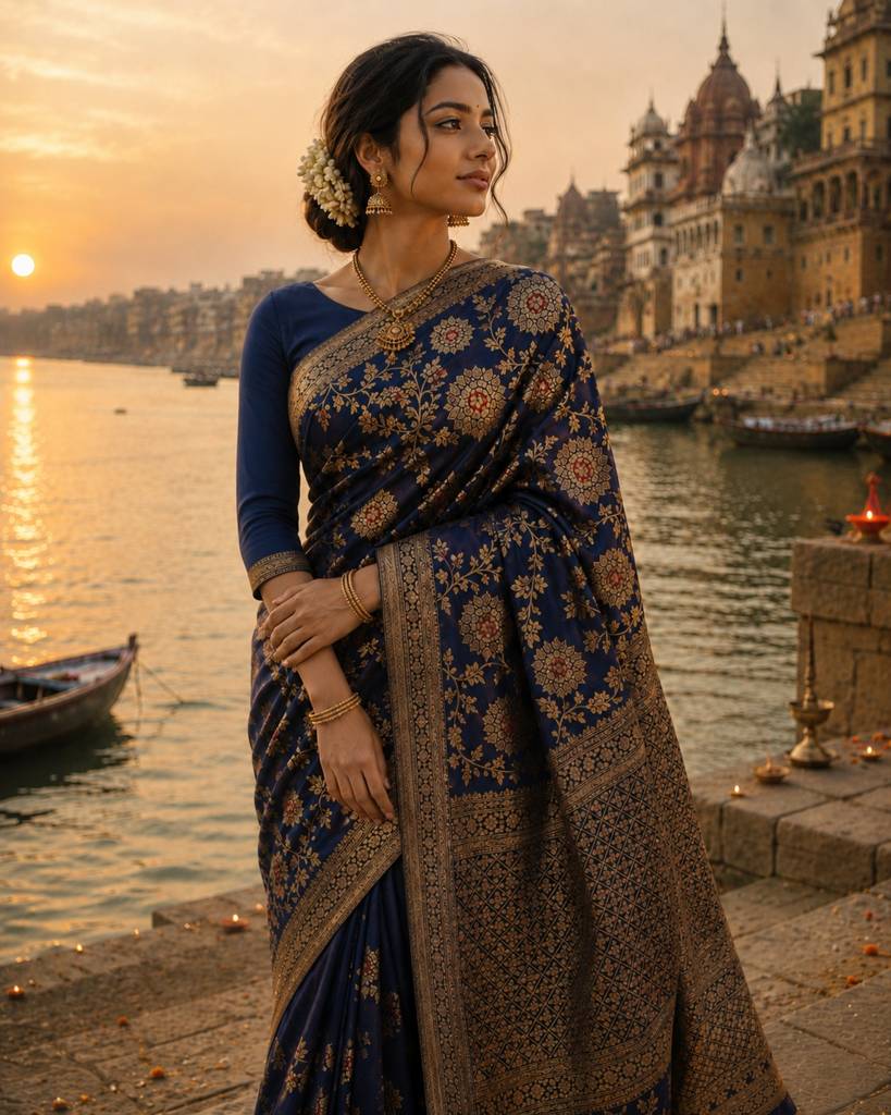  Nita Ambani Royal Blue Handloom Katan Silk Banarasi Saree