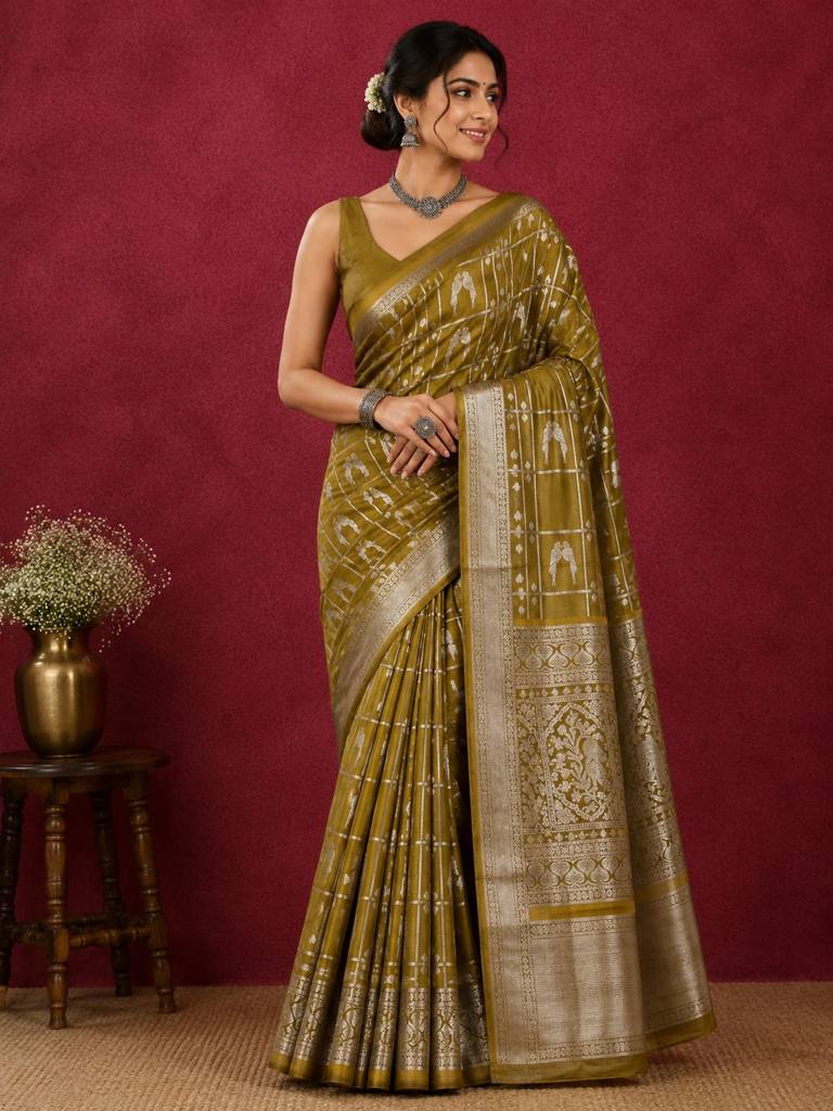 Traditional Mustard Handloom Venkatagiri Pattu Saree with Bird Motifs and Rich Silver Zari Border