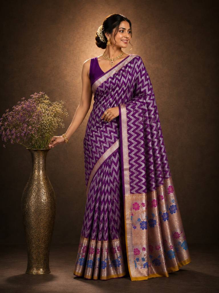 Traditional Purple Handloom Venkatagiri Pattu Saree with Silver Zari Chevron Design and Designer Bird Motif Border