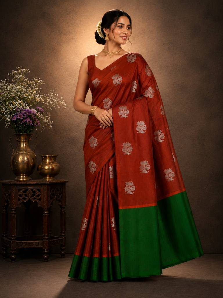 Traditional Rust Orange Handloom Venkatagiri Pattu Saree with Silver Zari Floral Buttas and Contrast Green Border