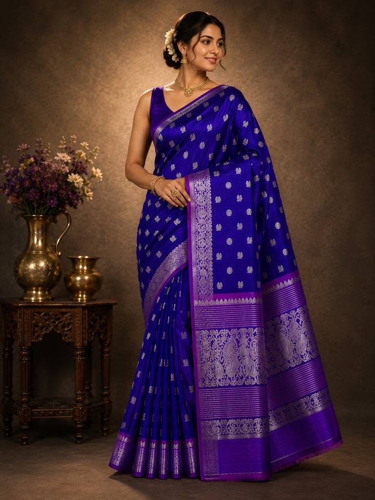 Traditional Royal Blue Handloom Venkatagiri Pattu Saree with Silver Zari Buttas and Rich Woven Peacock Border
