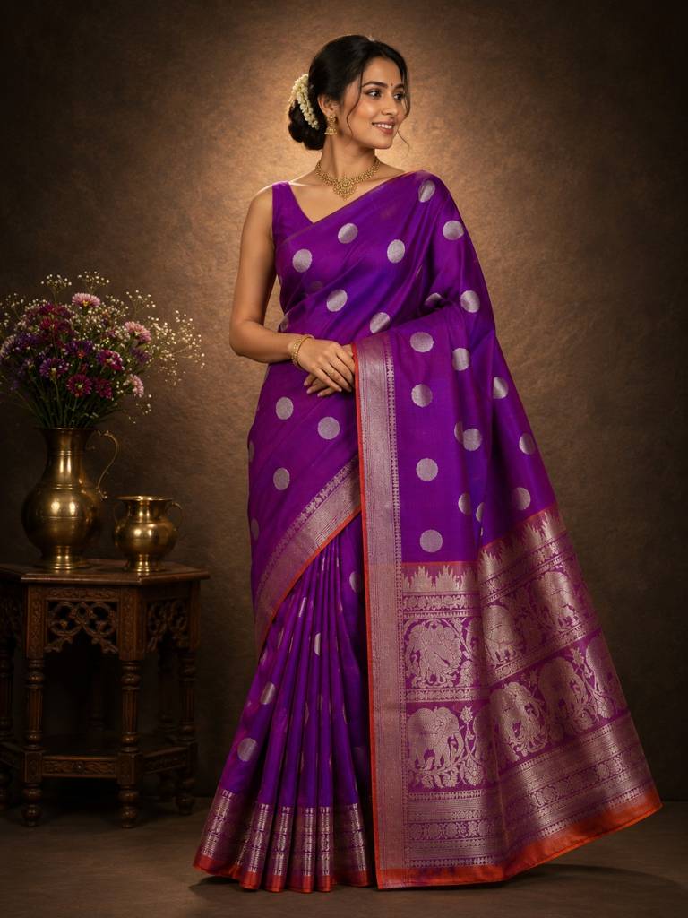 Traditional Purple Handloom Venkatagiri Pattu Saree with Silver Zari Buttas and Elephant Border