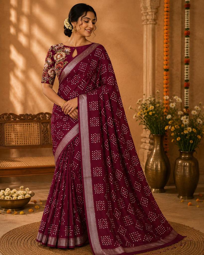 Pure Mangalagiri Pattu Bandhani Saree | Elegant Embroidered Blouse | Traditional Handloom Collection